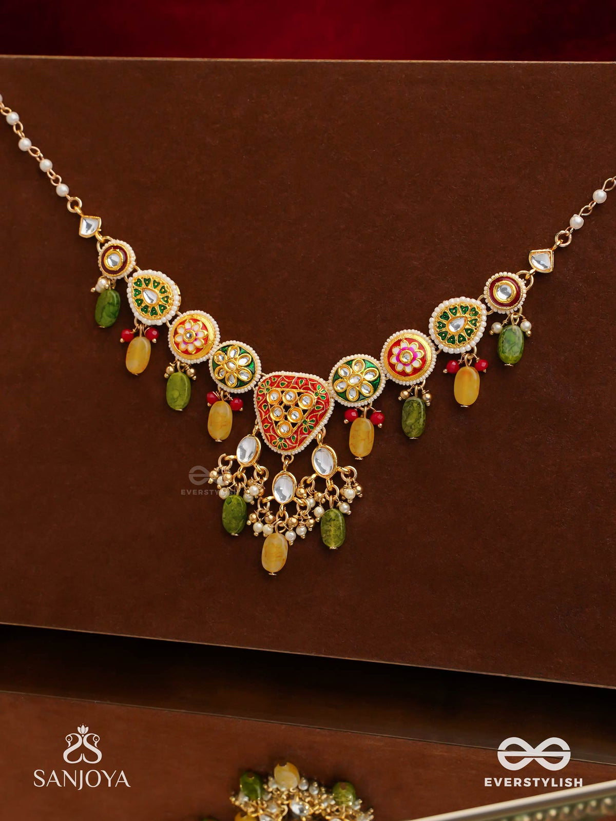 Satrangija - Rainbow-Clad- Festive Enamelled Kundan Necklace With Colorful Drops And Pearls