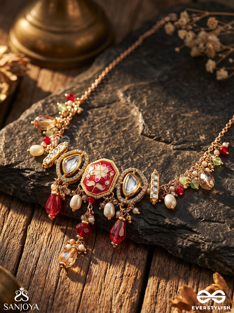 Vasurangini - Treasured Colours - Statement Necklace With Gem Medallion And Multi-Drop Fringe