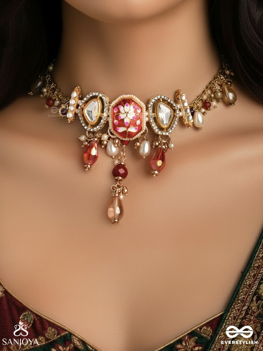 Vasurangini - Treasured Colours - Statement Necklace With Gem Medallion And Multi-Drop Fringe