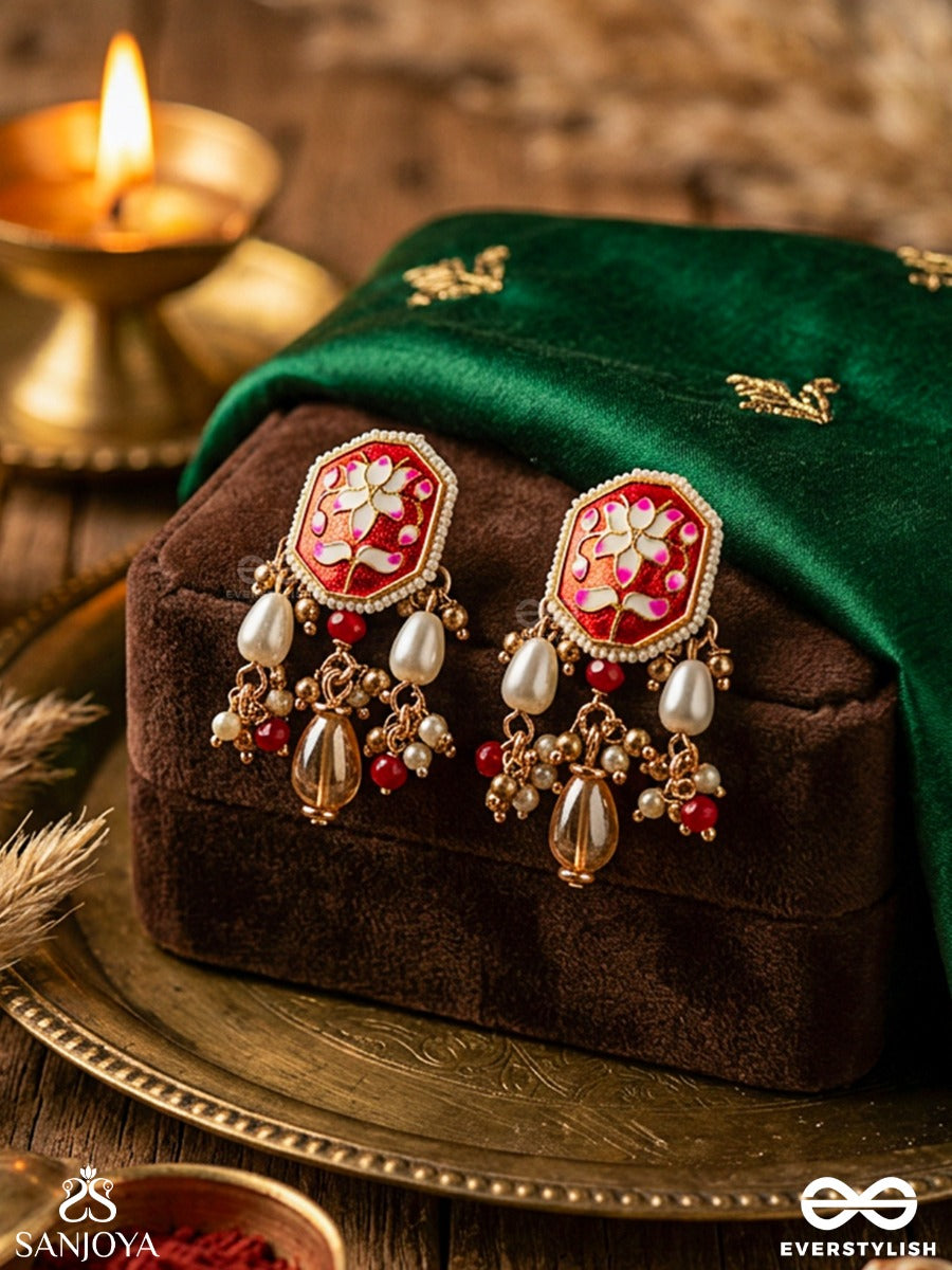 Abharani - The Adorned Queen- Fine Traditional Kundan Earrings With Red Enamel Work, Pearl And Beads