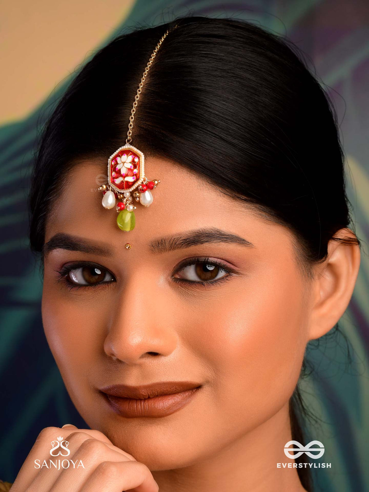Padmalata - Lotus Creeper - Enameled Lotus Pattern Maangtika With Pearls And Bead Drops
