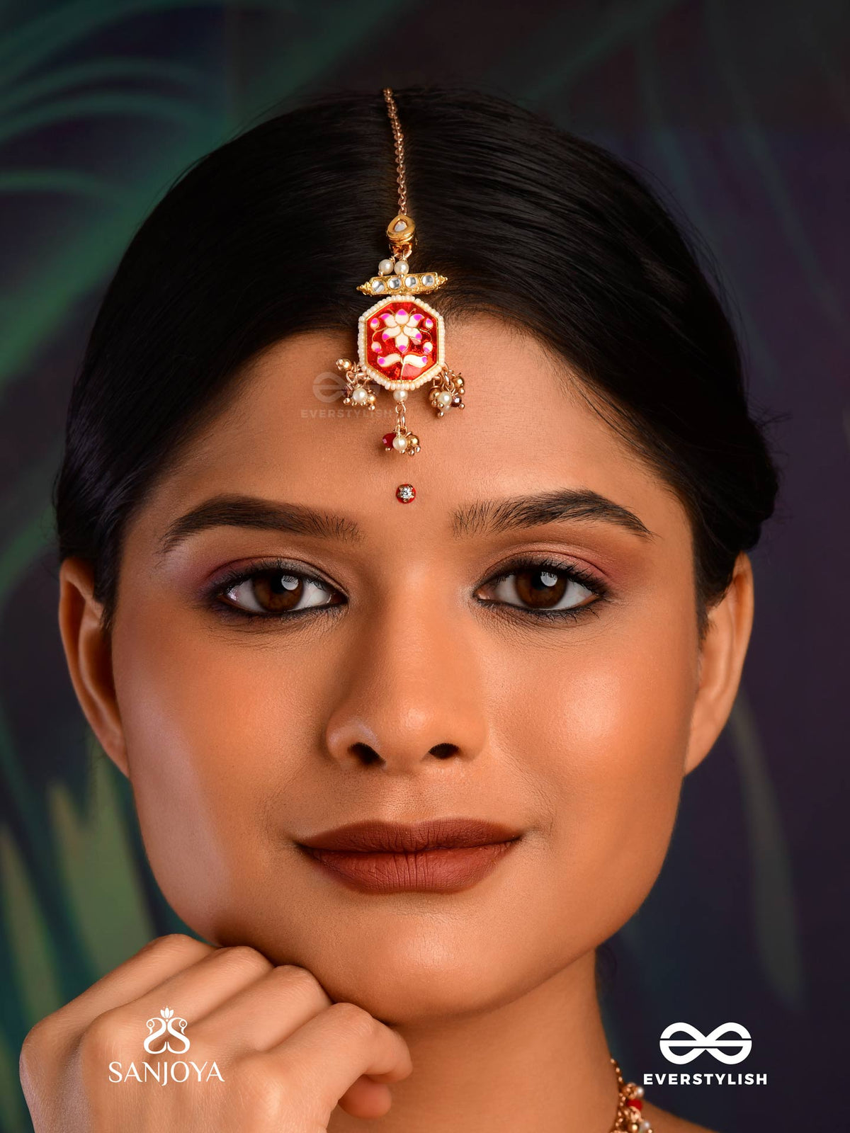 Abharani - The Adorned Queen- Fine Traditional Kundan Maangtika With Red Enamel Work, Pearl And Beads