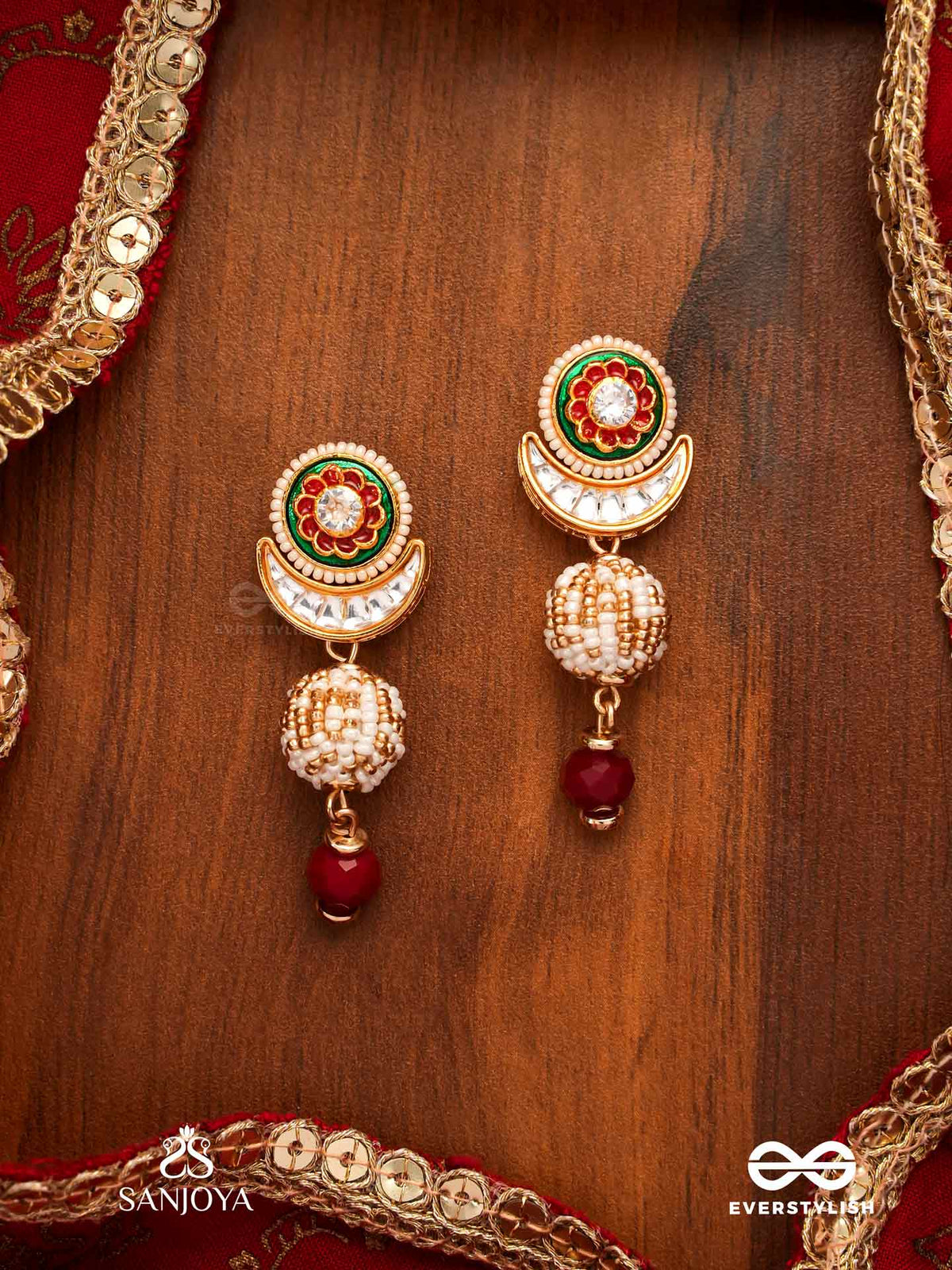 Kamini - Moon Gem- Minimalistic Kundan Enamel Earrings With Floral Center, Pearl Spheres And Celestial Design