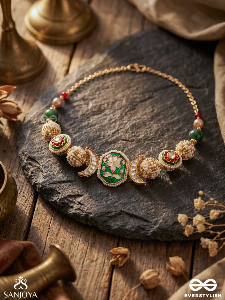 Kamini - Moon Gem- Minimalistic Kundan Enamel Necklace With Floral Center, Pearl Spheres And Celestial Design