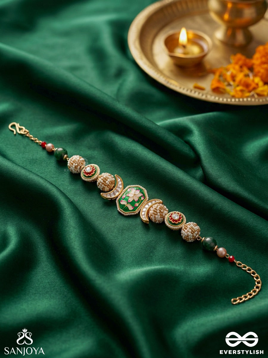 Kamini - Moon Gem- Minimalistic Kundan Enamel Necklace With Floral Center, Pearl Spheres And Celestial Design