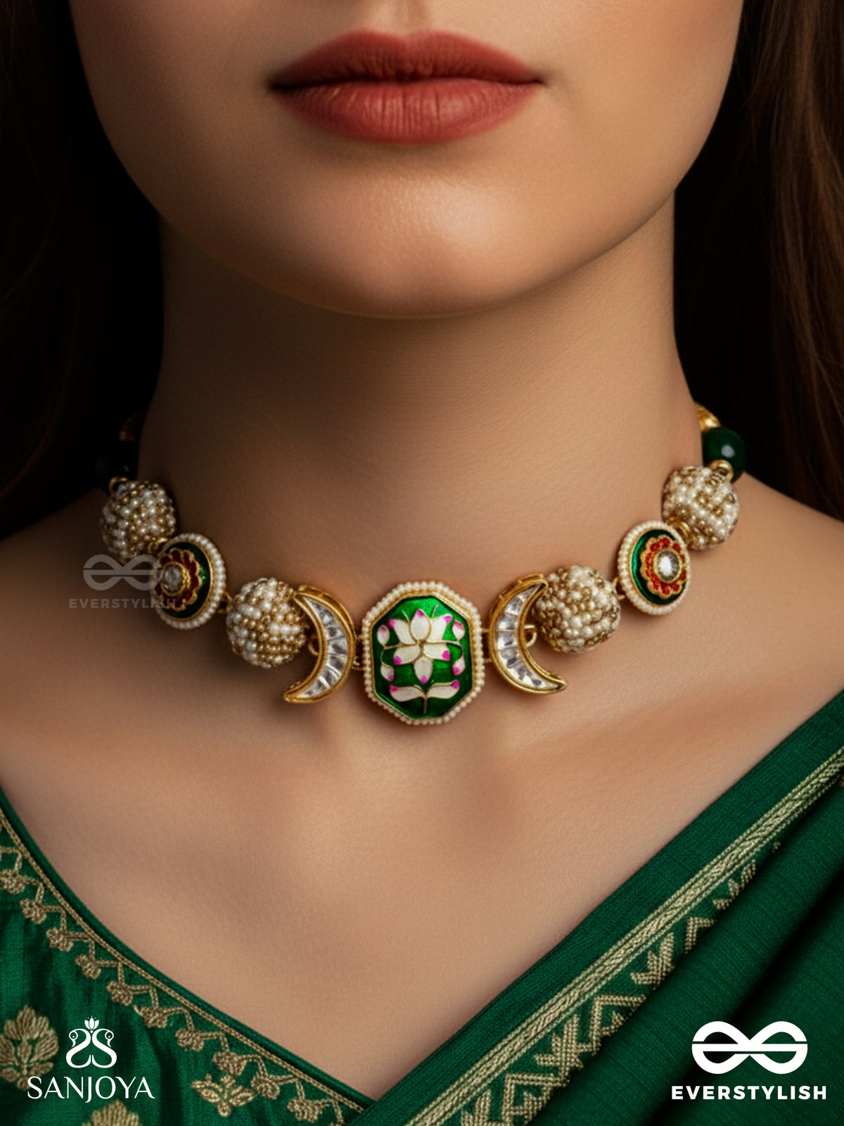 Kamini - Moon Gem- Minimalistic Kundan Enamel Necklace With Floral Center, Pearl Spheres And Celestial Design