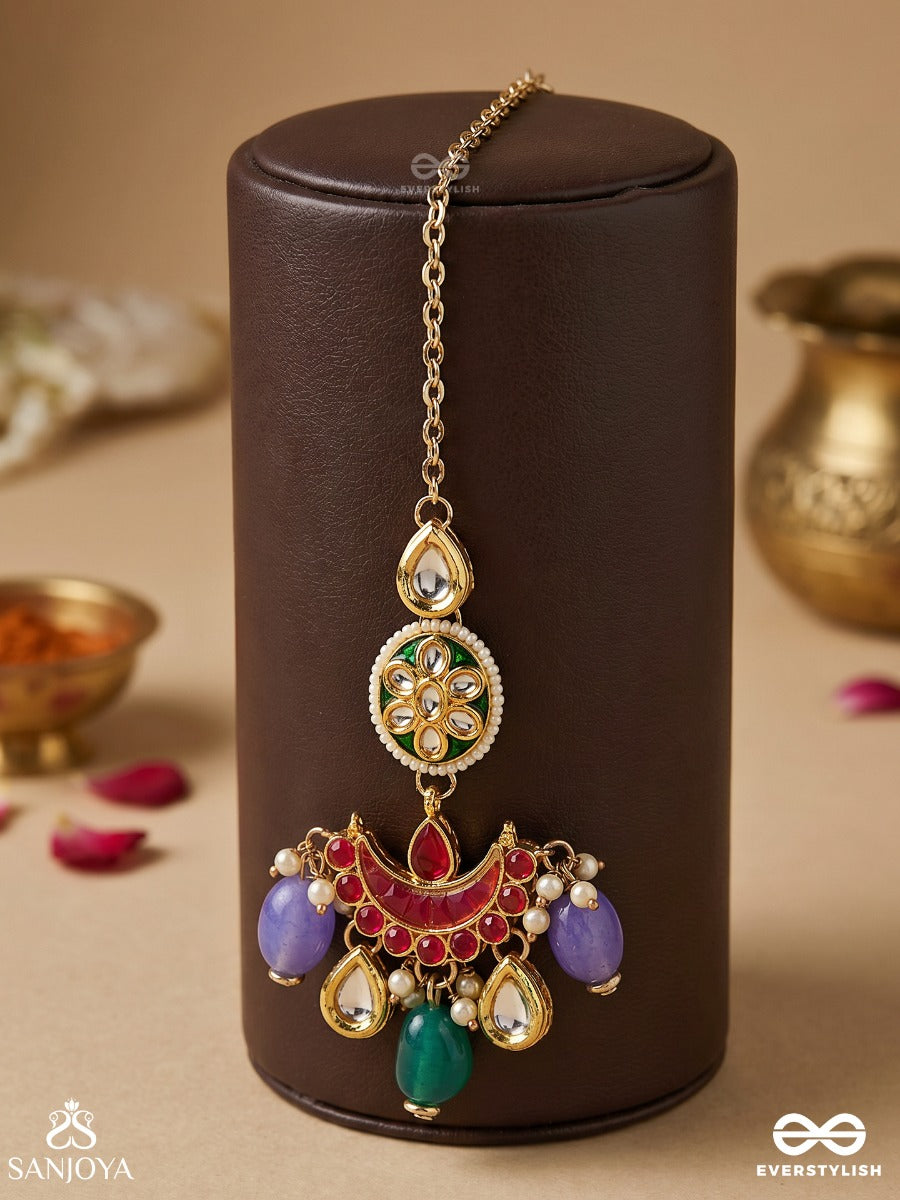 Rangamaya - Filled With Colors- Intricate Kundan Crescents Enamelled Maangtika With Vibrant Beaded Fringes And Pearls