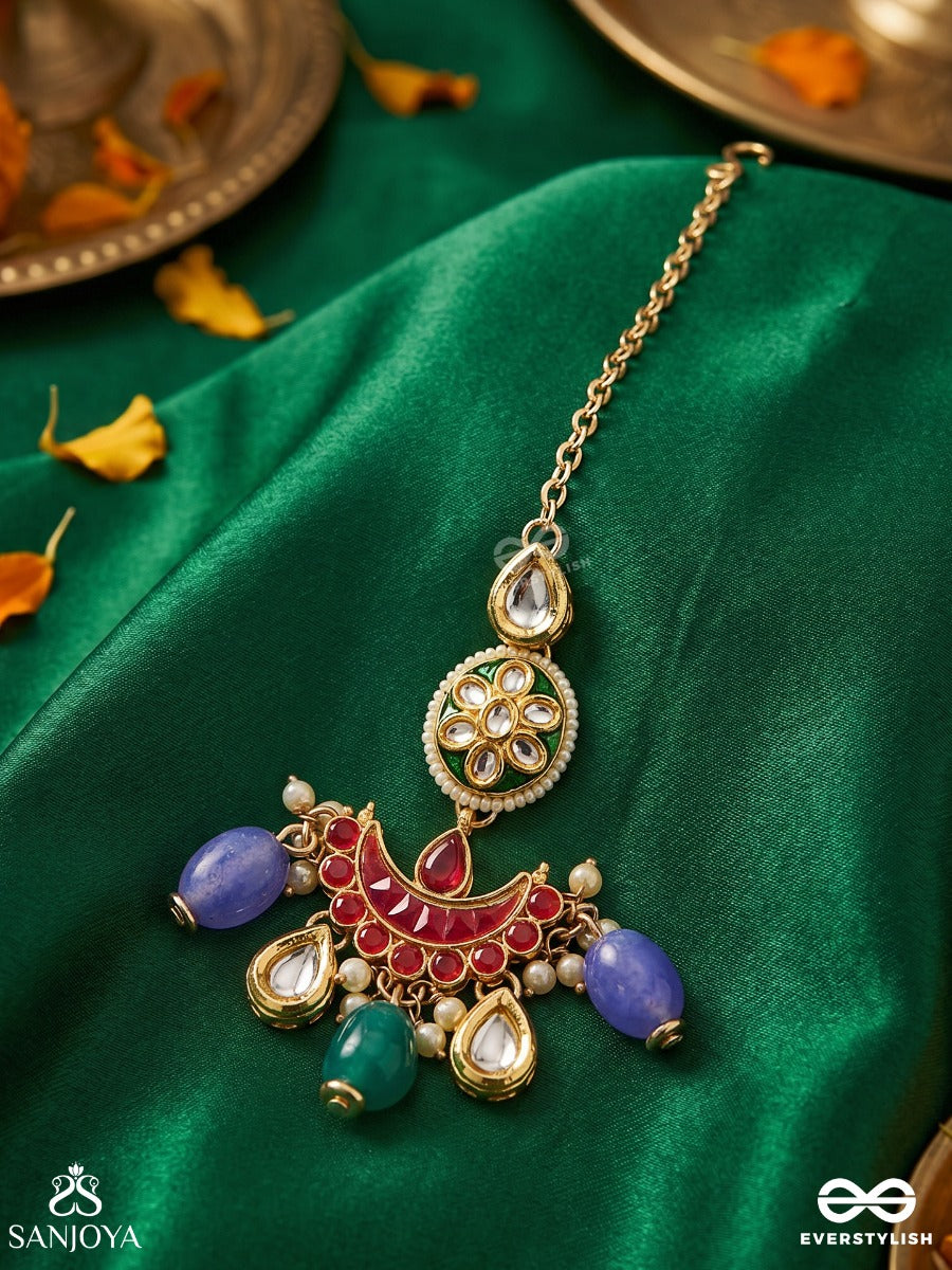 Rangamaya - Filled With Colors- Intricate Kundan Crescents Enamelled Maangtika With Vibrant Beaded Fringes And Pearls