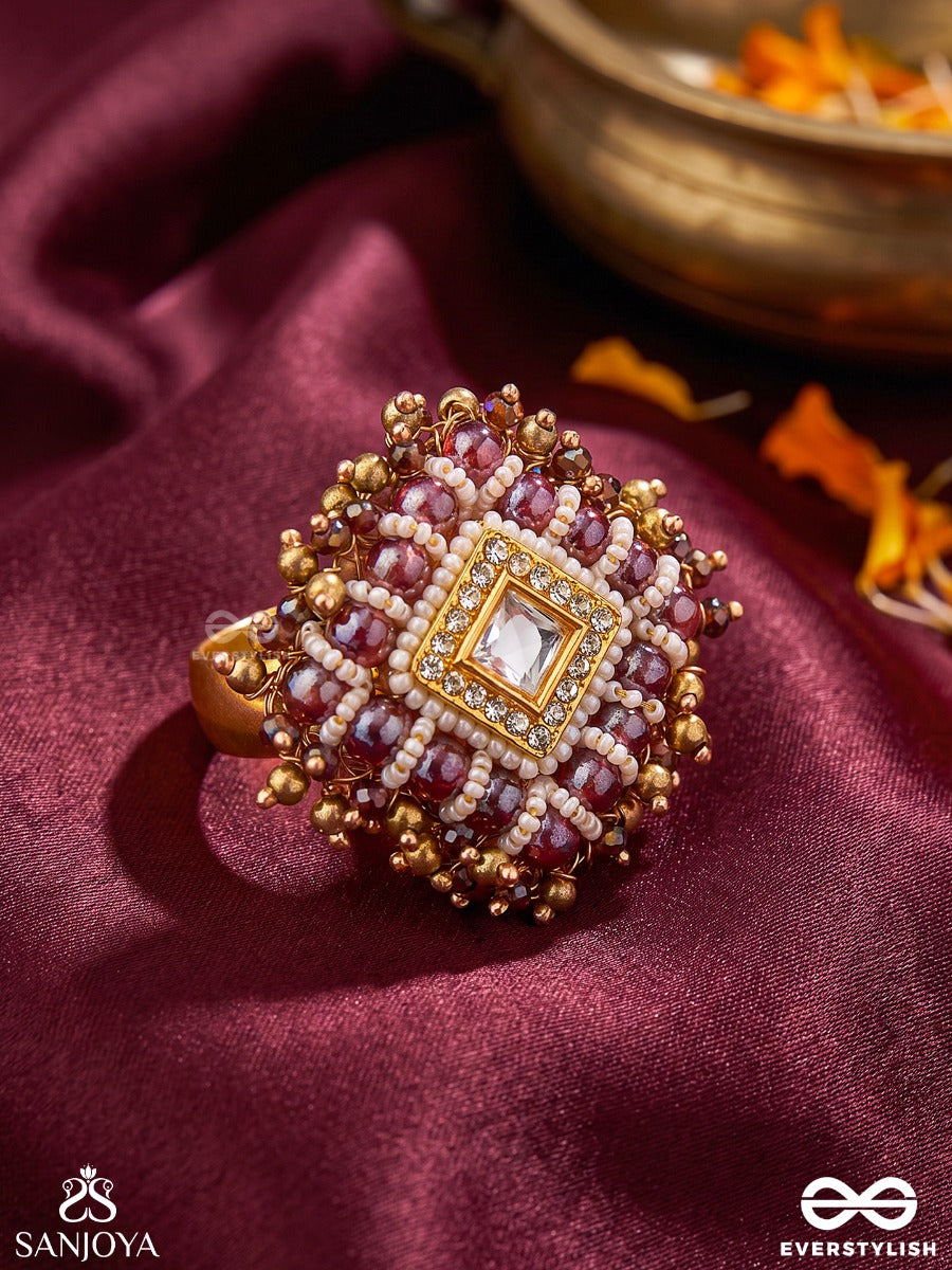 Shyamala - Dusky Queen- Geometric Polki Ring With Rich Glass Drops And Pearls