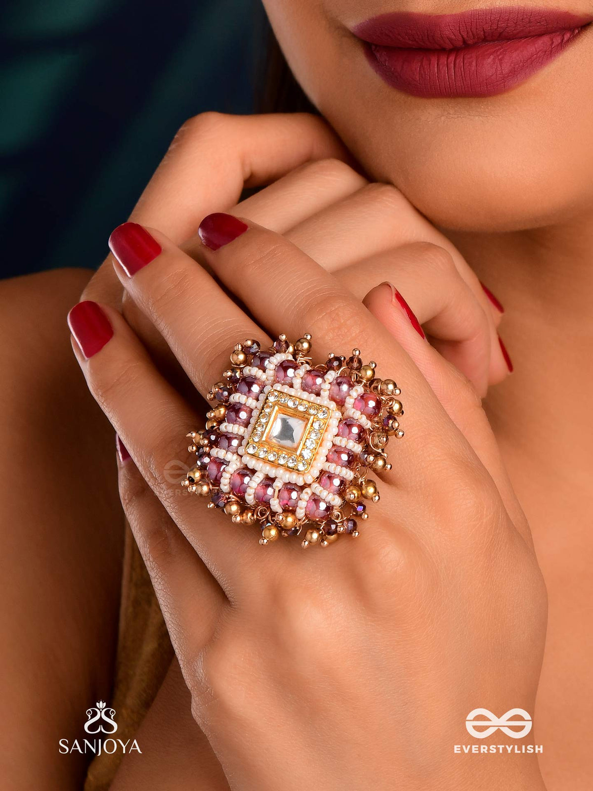 Shyamala - Dusky Queen- Geometric Polki Ring With Rich Glass Drops And Pearls