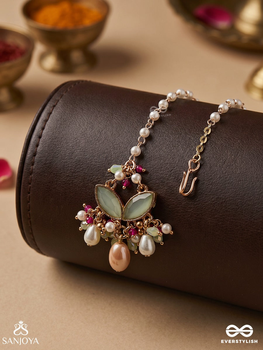 Vasantilata - Spring Vine- Charming Pastel Kundan Maangtika With Gemstones, Beads And Pearl Drops