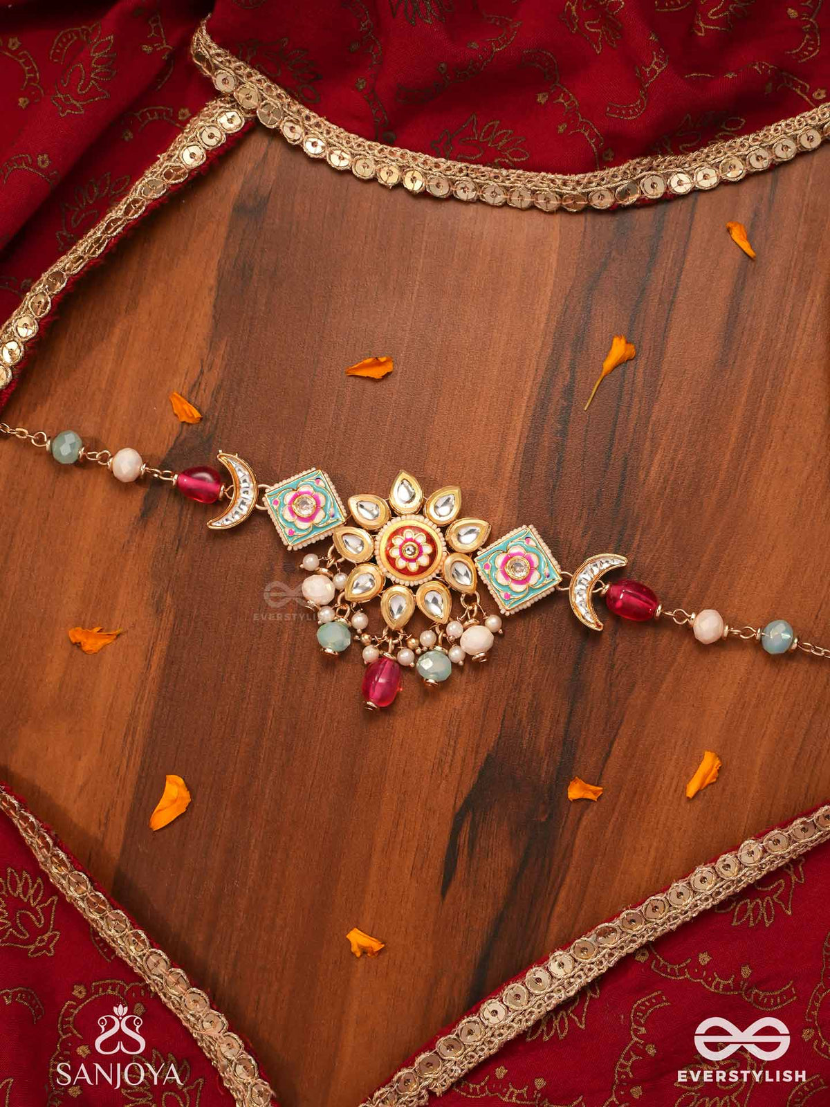Somarangi - Moon-Hued Beauty- Floral Enamelled Kundan Choker With Colorful Bead Drops And Pearls