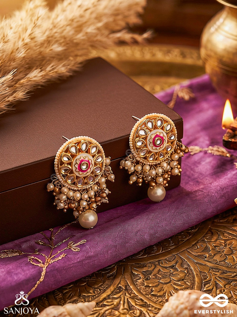 Kshiranila - Milky Sky - Elegant Kundan Pearl Earrings With A Central Round Polki Enamel Detail