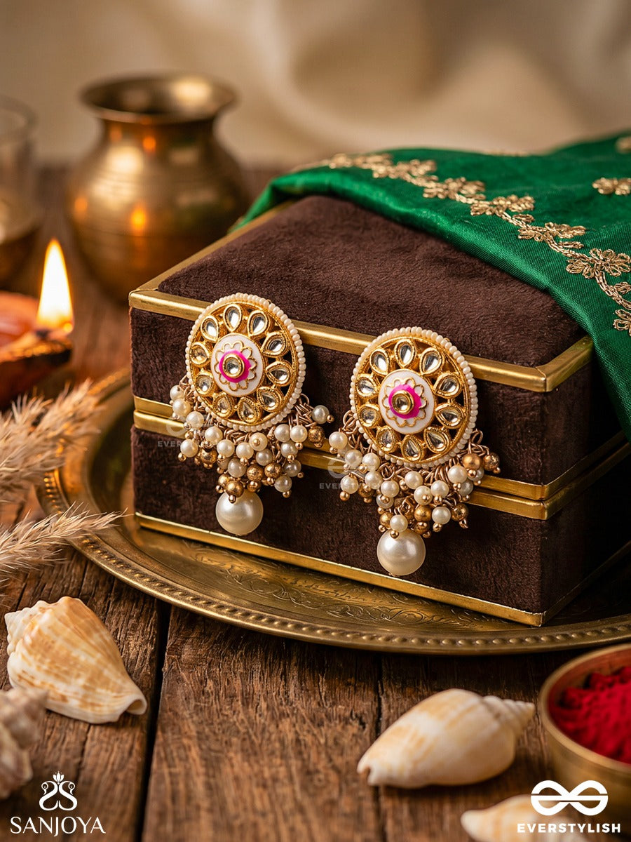 Kshiranila - Milky Sky - Elegant Kundan Pearl Earrings With A Central Round Polki Enamel Detail