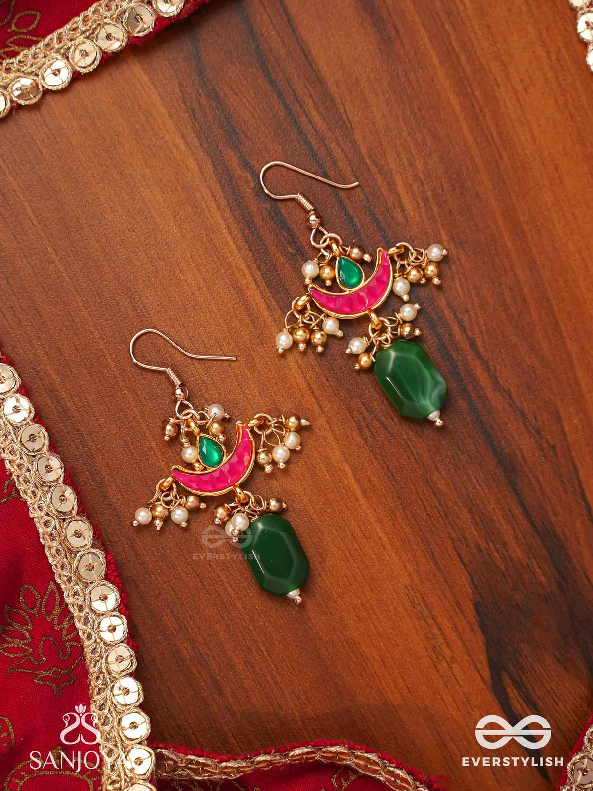 Nilachapa - Blue-Green Arc- Dark Emerald Green Textured Earrings With Kundan And Pearls