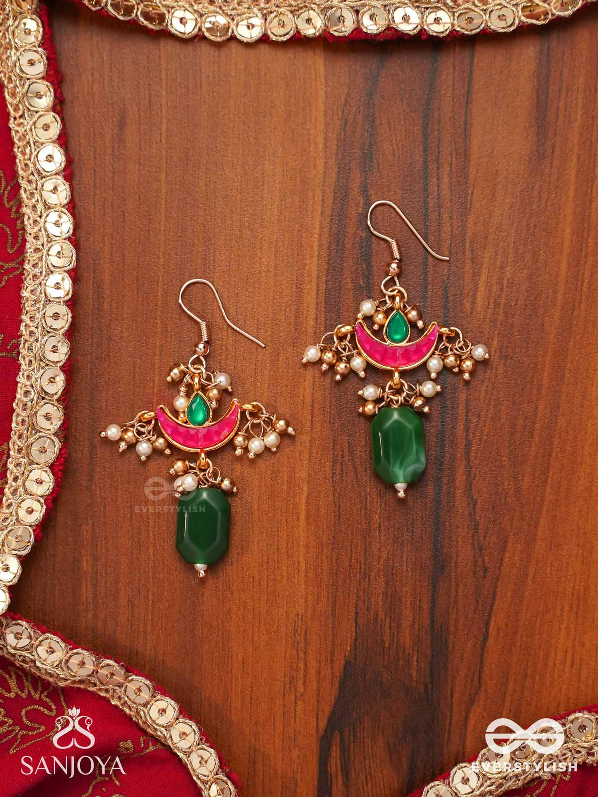 Nilachapa - Blue-Green Arc- Dark Emerald Green Textured Earrings With Kundan And Pearls