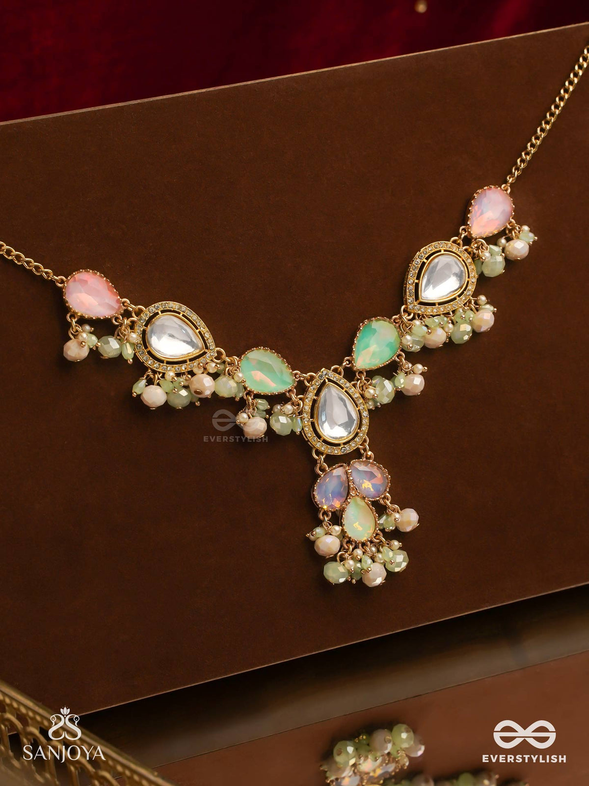Prithulaa - Delicate Drop- Pastel Drops Kundan Neckpiece With Pearl Accents, Gemstones And Beads