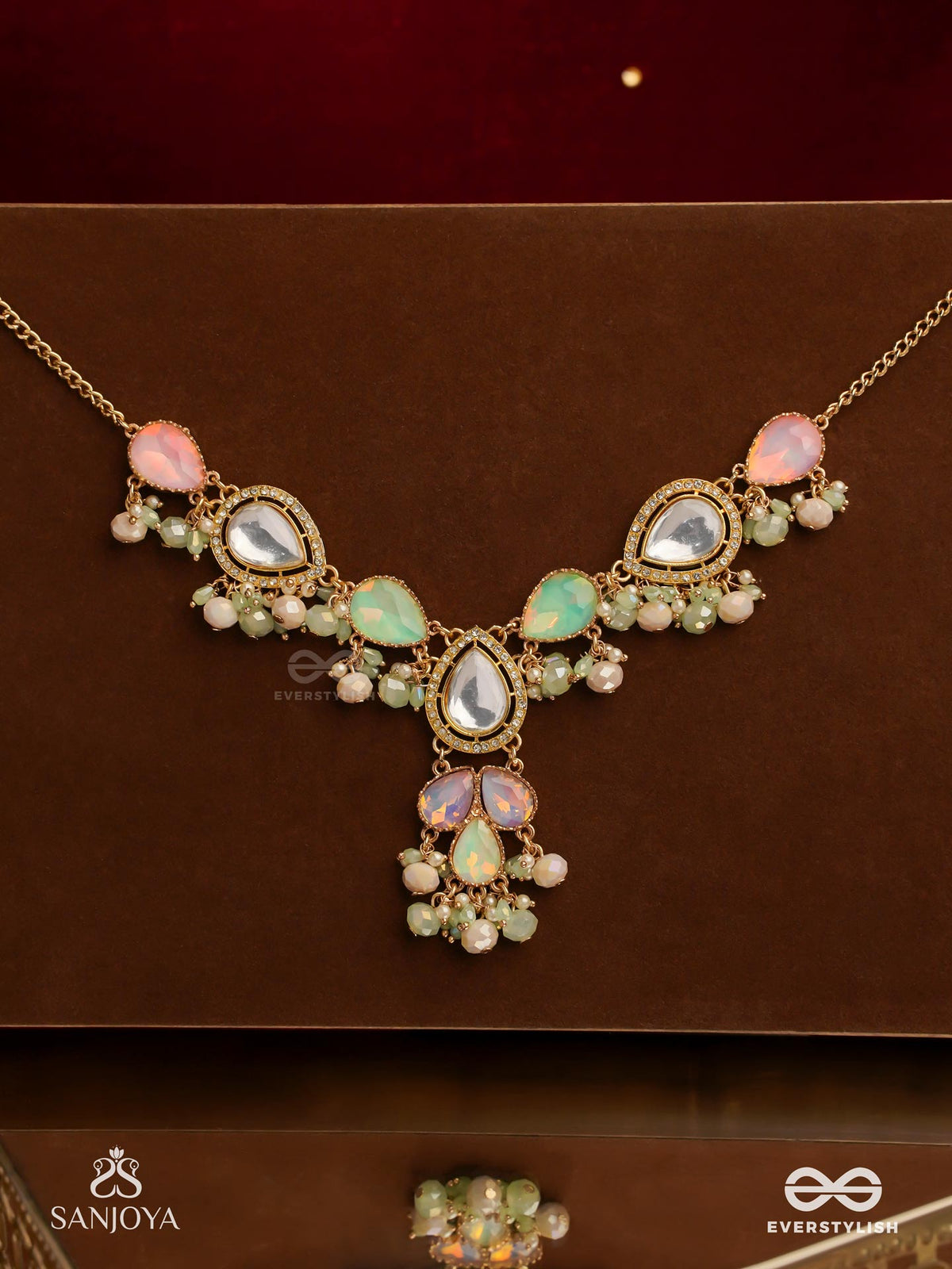 Prithulaa - Delicate Drop- Pastel Drops Kundan Neckpiece With Pearl Accents, Gemstones And Beads