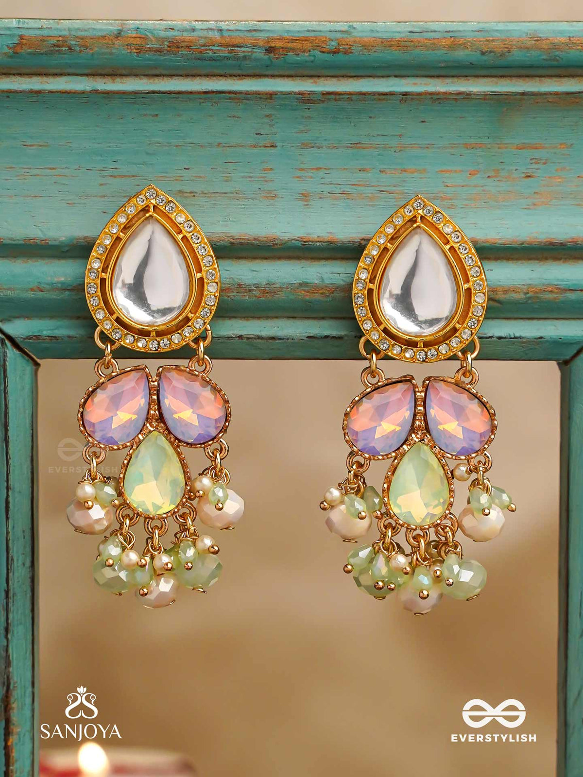 Prithulaa - Delicate Drop- Pastel Drops Kundan Earrings With Pearl Accents, Gemstones And Beads