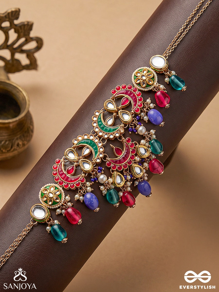 Rangamaya - Filled With Colors- Intricate Kundan Crescents Enamelled Neckpiece With Vibrant Beaded Fringes And Pearls