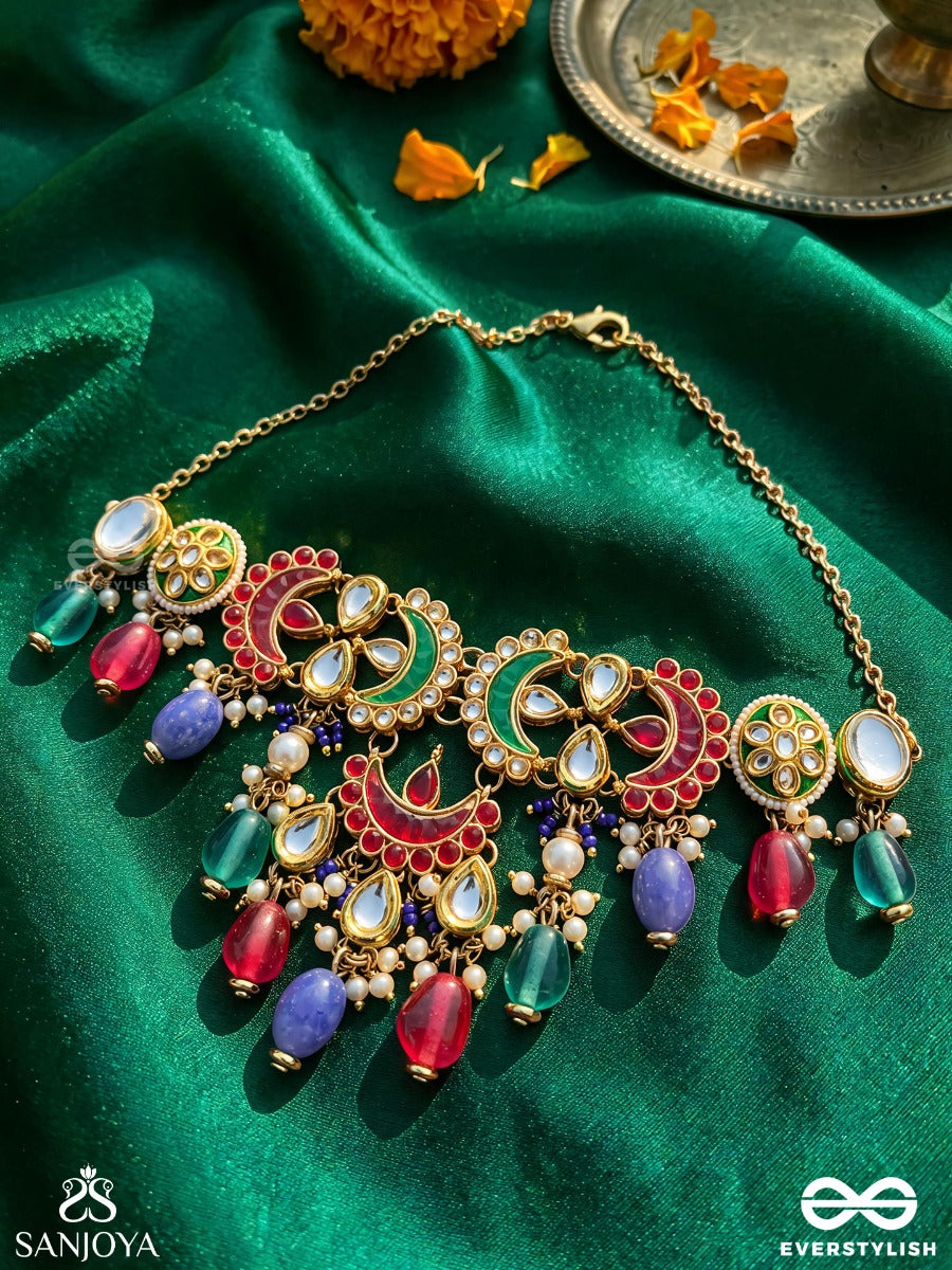 Rangamaya - Filled With Colors- Intricate Kundan Crescents Enamelled Neckpiece With Vibrant Beaded Fringes And Pearls