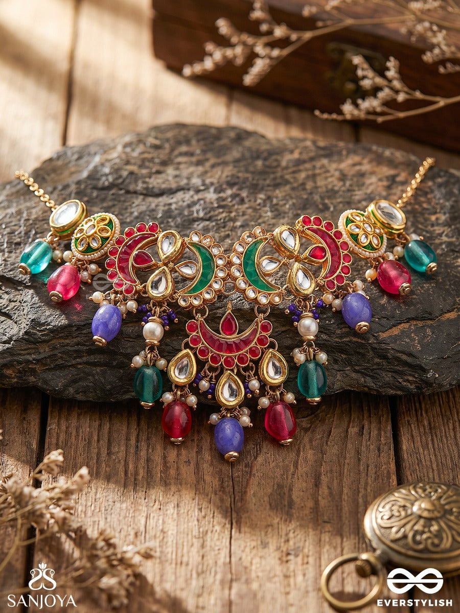 Rangamaya - Filled With Colors- Intricate Kundan Crescents Enamelled Neckpiece With Vibrant Beaded Fringes And Pearls