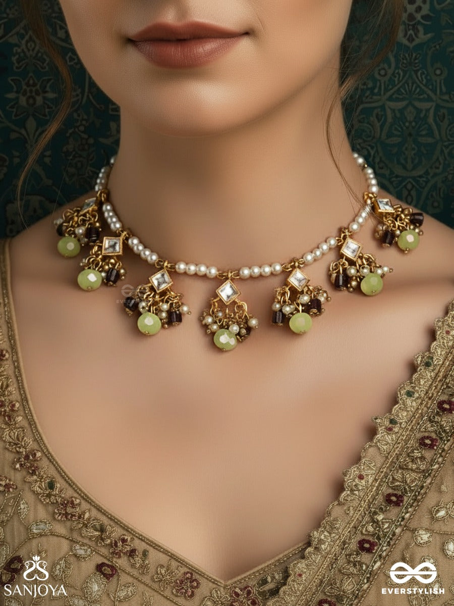 Manjarivalli - Blossoming Creeper - Lightweight Necklace With Petite Gem Clusters Along A Curved Chain