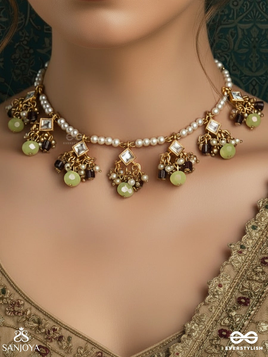 Manjarivalli - Blossoming Creeper - Lightweight Necklace With Petite Gem Clusters Along A Curved Chain