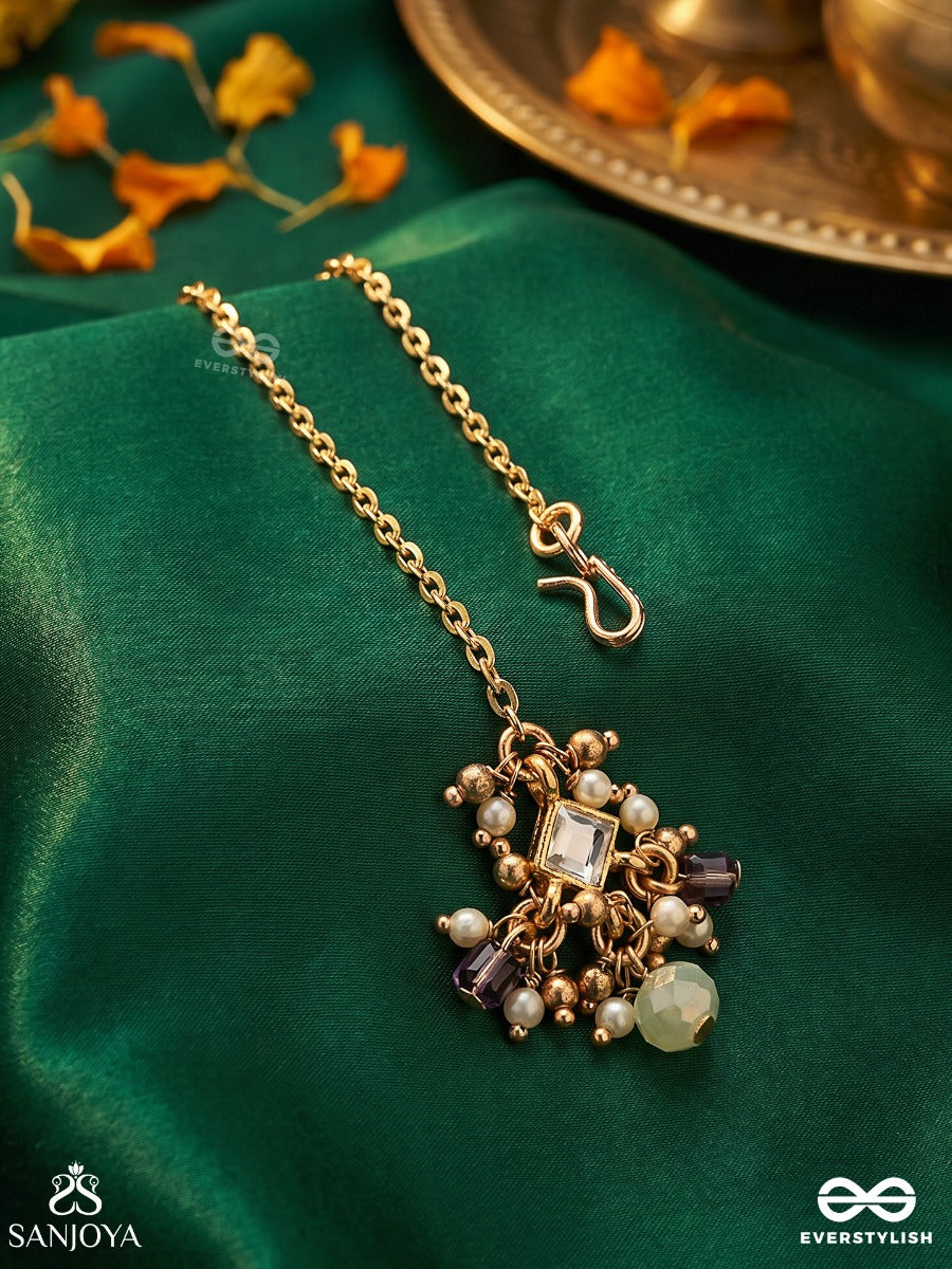 Harshita - The Joyful One- Delicate Pearl Maangtika With Mini Kundan Blooms And Green Gem Droplets