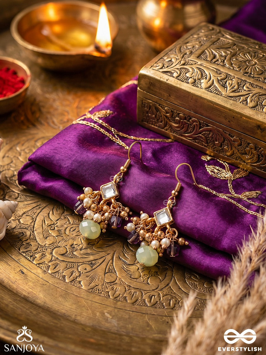 Harshita - The Joyful One- Delicate Pearl Earrings With Mini Kundan Blooms And Green Gem Droplets