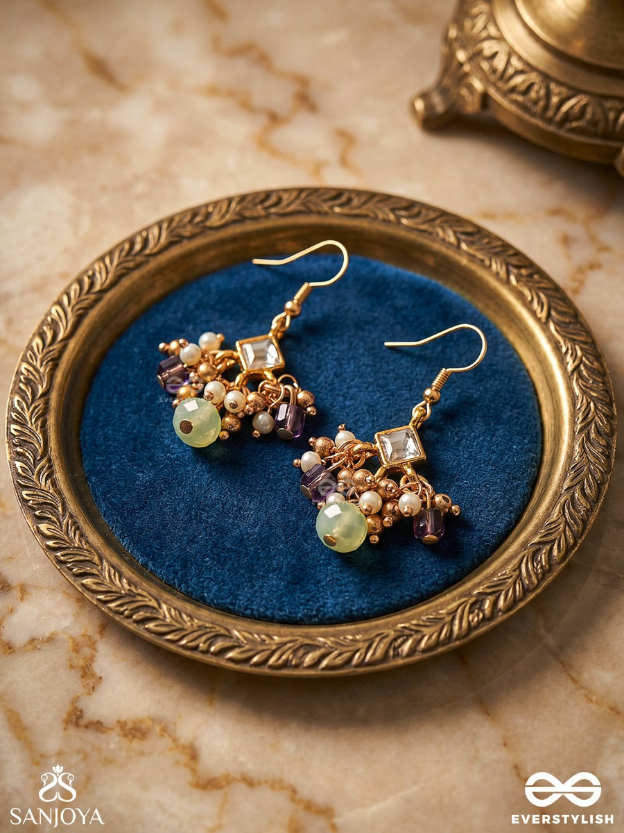 Harshita - The Joyful One- Delicate Pearl Earrings With Mini Kundan Blooms And Green Gem Droplets