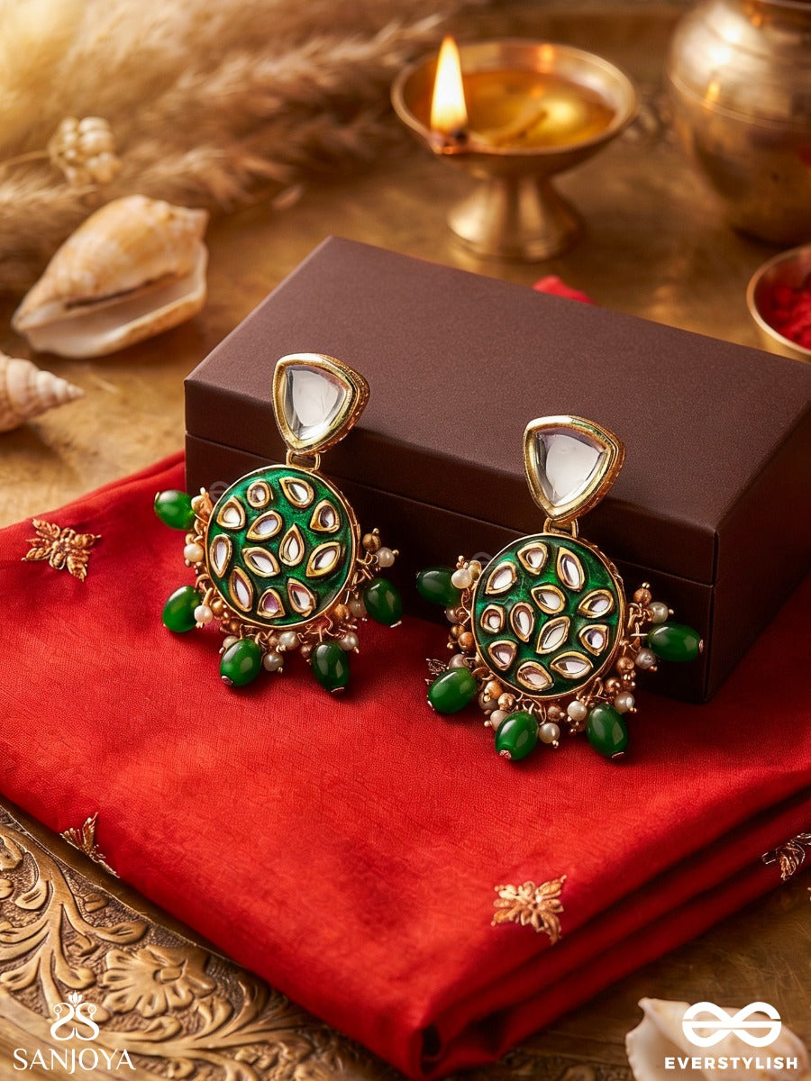 Arunodaya - Dawn Rays- Symmetrical Kundan Polki Earrings With Emerald Green Enamel Accent, Pearls And Beads
