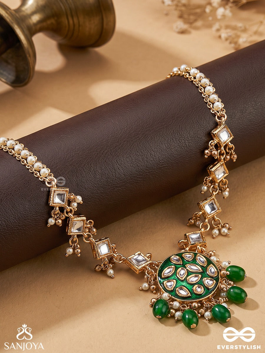 Arunodaya - Dawn Rays- Symmetrical Kundan Polki Neckpiece With Emerald Green Enamel Accent, Pearls And Beads