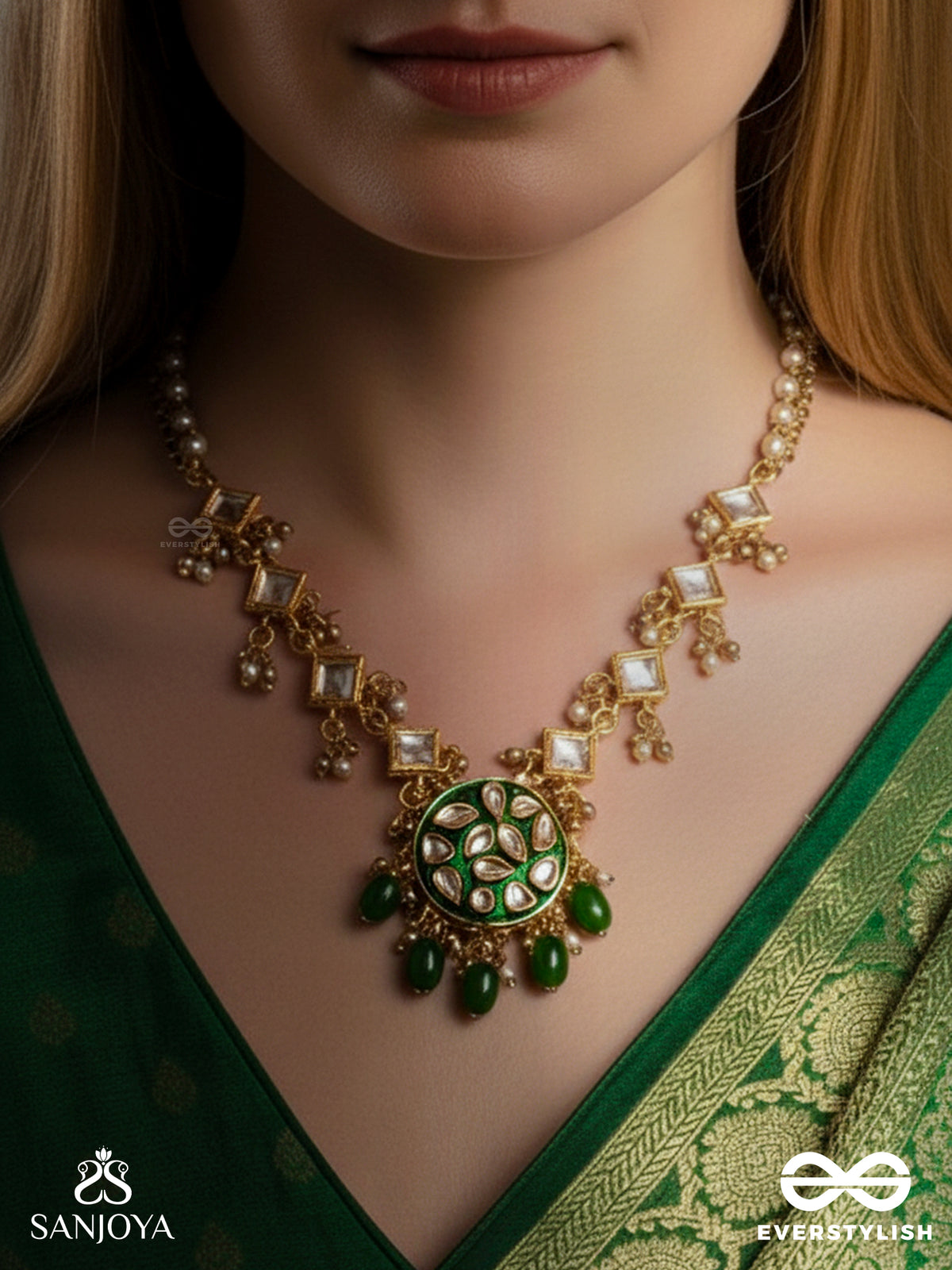 Arunodaya - Dawn Rays- Symmetrical Kundan Polki Neckpiece With Emerald Green Enamel Accent, Pearls And Beads