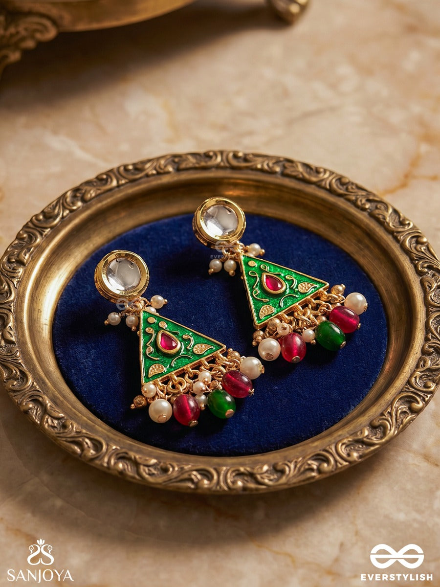 Ranglekha - Lines Of Color- Layered Golden Chained Kundan Earrings With Vibrant Gem Drops And Floral Enameled Edges