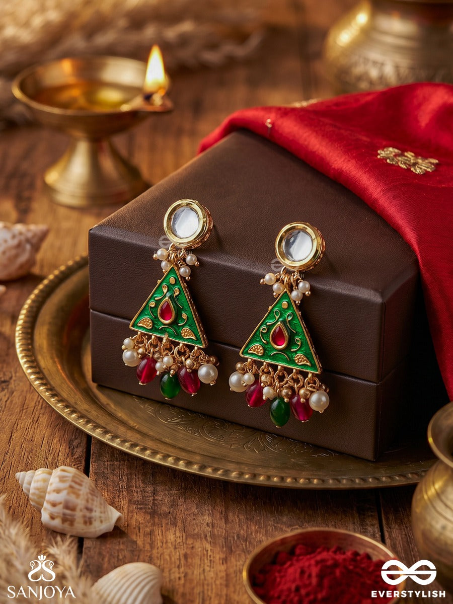 Ranglekha - Lines Of Color- Layered Golden Chained Kundan Earrings With Vibrant Gem Drops And Floral Enameled Edges