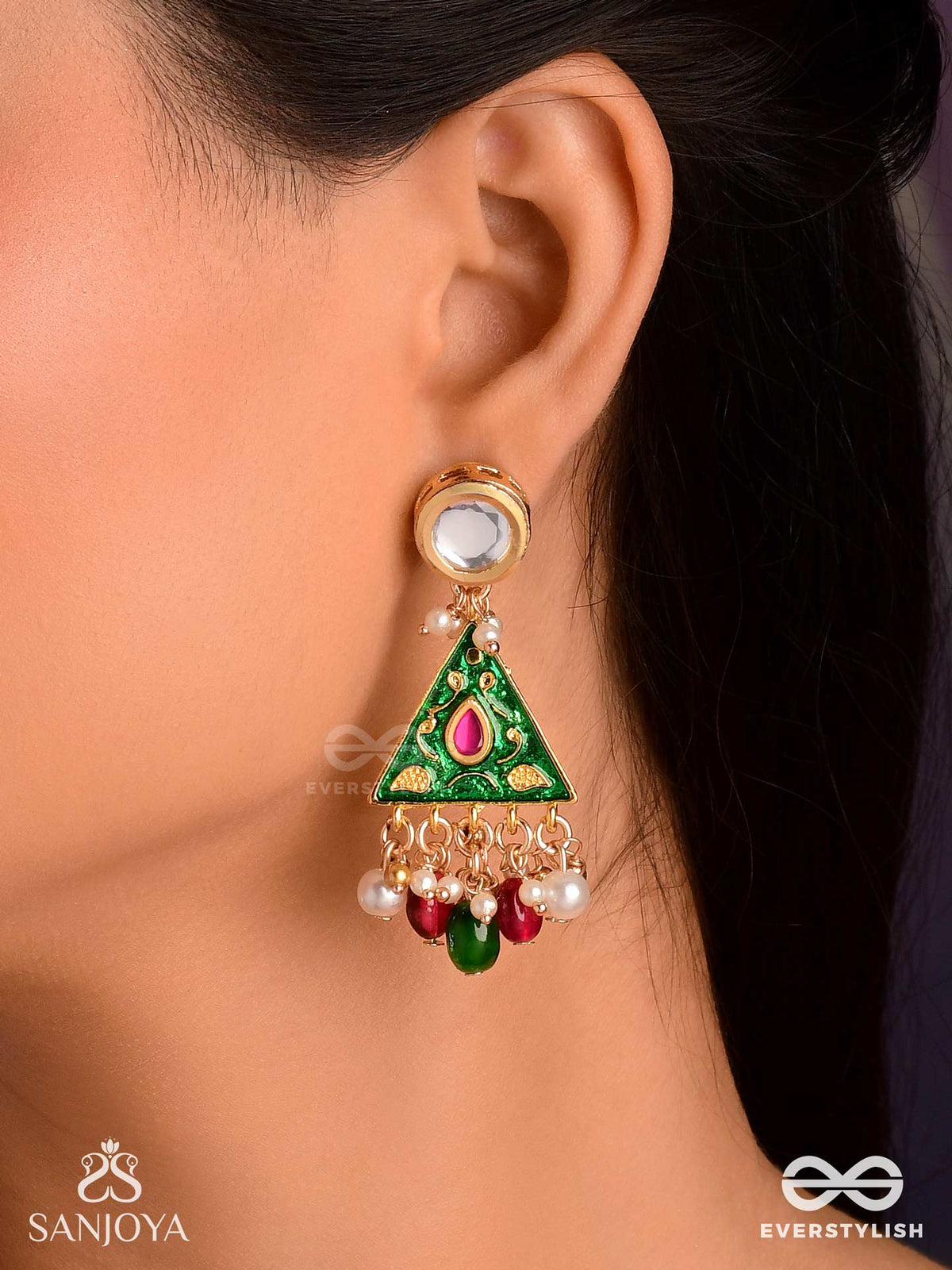 Ranglekha - Lines Of Color- Layered Golden Chained Kundan Earrings With Vibrant Gem Drops And Floral Enameled Edges
