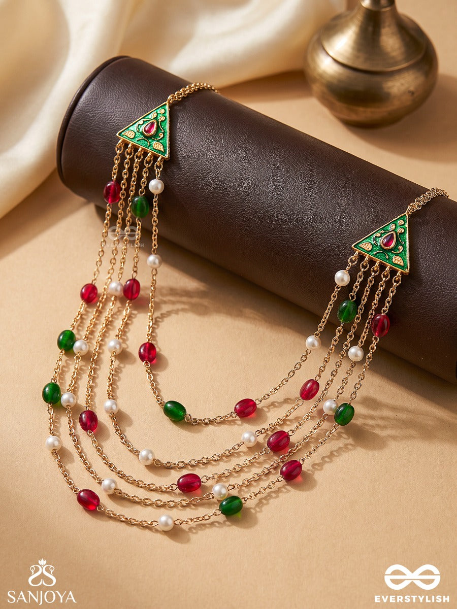 Ranglekha - Lines Of Color- Layered Golden Chained Kundan Neckpiece With Vibrant Gem Drops And Floral Enameled Edges