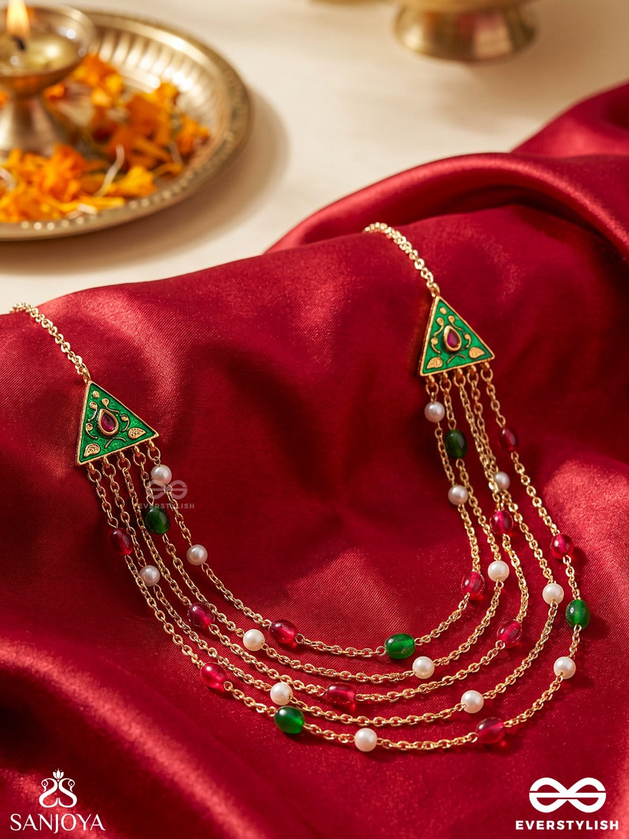 Ranglekha - Lines Of Color- Layered Golden Chained Kundan Neckpiece With Vibrant Gem Drops And Floral Enameled Edges