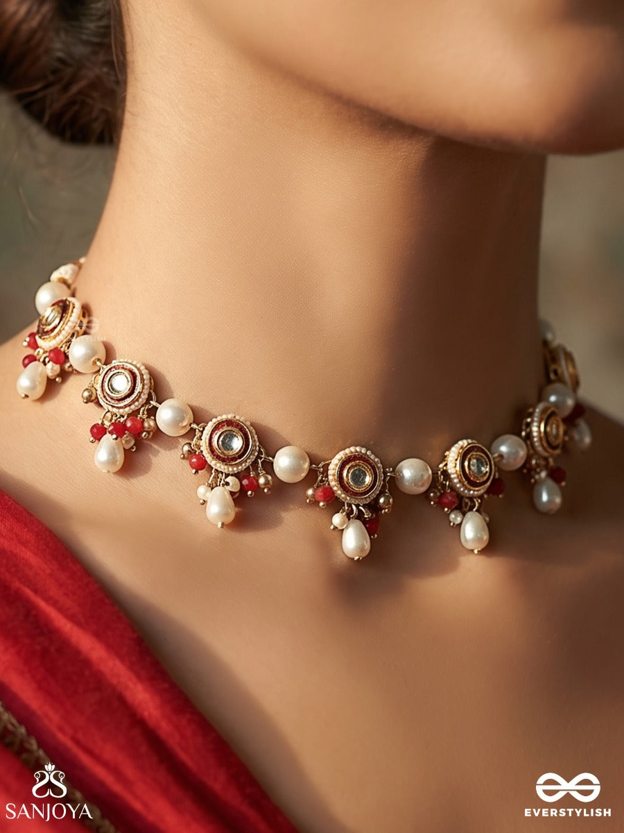 Ratnapankti - Row Of Jewels - Delicate Necklace With Mini Gem Motifs And Pearl Drop Accents