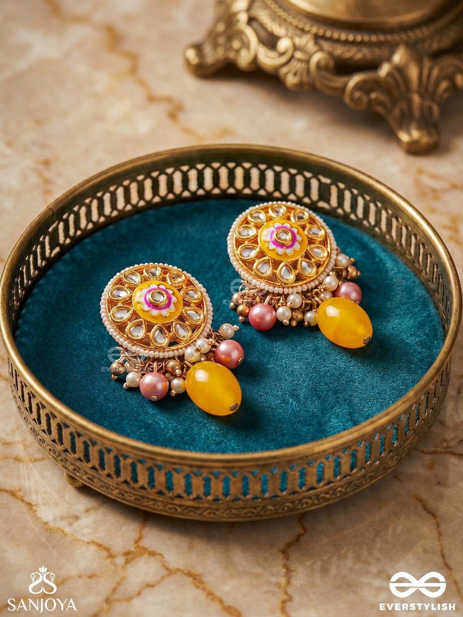 Madhuvarnika - Honey Hue- Soft Feminine Kundan Earrings Featuring Pearls And Pastel Gemstone Drops