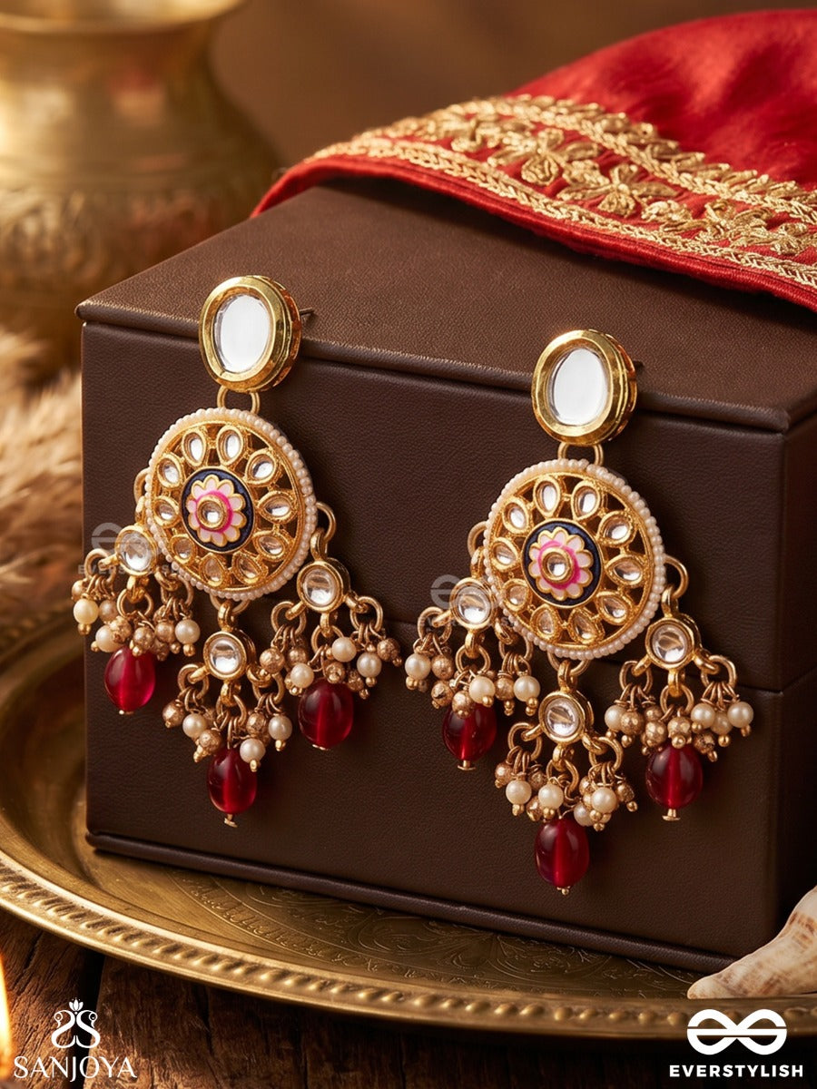 Tribandhura - Three-Stranded Beauty- Kundan Earring With Floral Enamelled Medallions And Ruby Drops