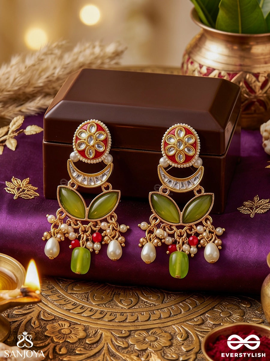 Tulsiraga - Touch Of Tulsi- Elegant Pearl Layered Earrings With Kundan, Gemstone And Rich Ruby Droplets