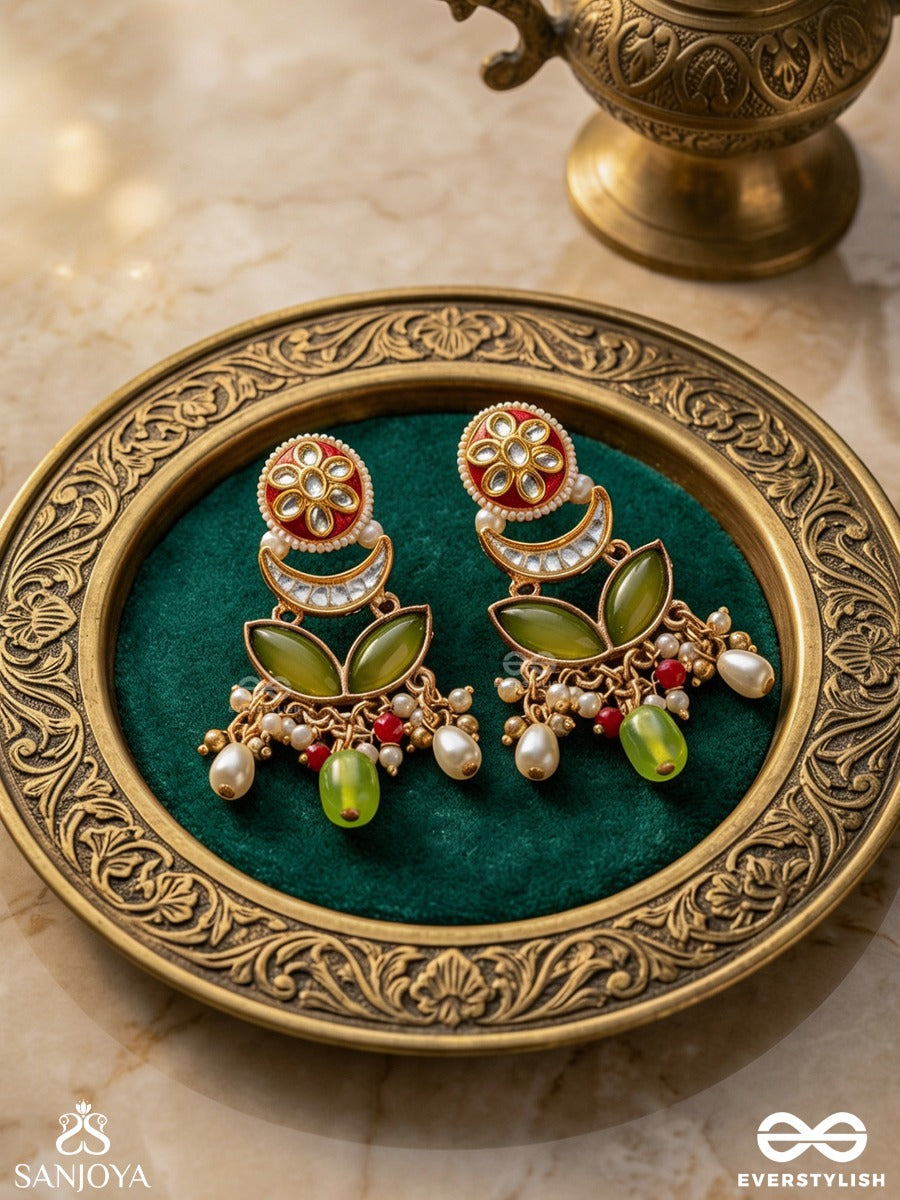 Tulsiraga - Touch Of Tulsi- Elegant Pearl Layered Earrings With Kundan, Gemstone And Rich Ruby Droplets