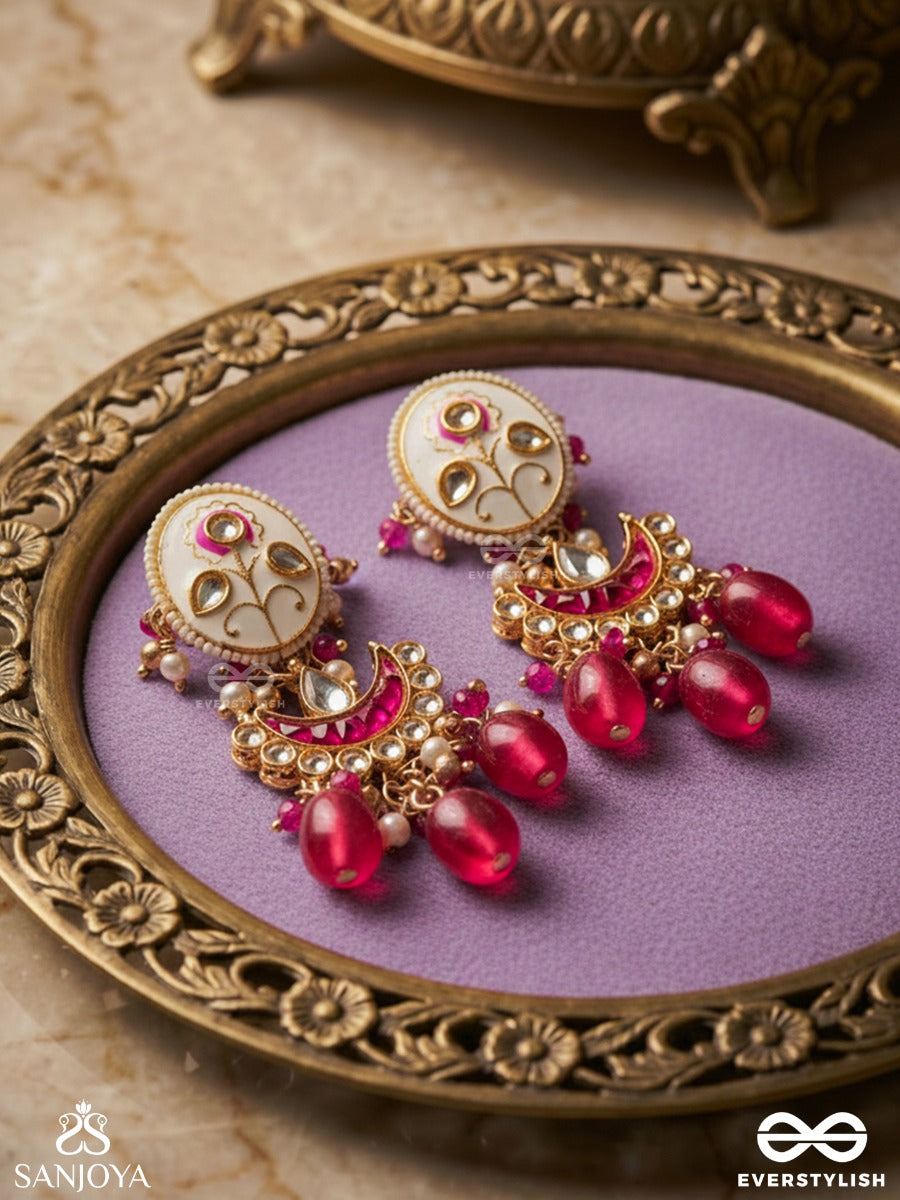 Kamalangi - Lotus-Bodied- Floral Enamel Centre Design Earrings With Triple Chain Layers And Ruby Beads And Pearls