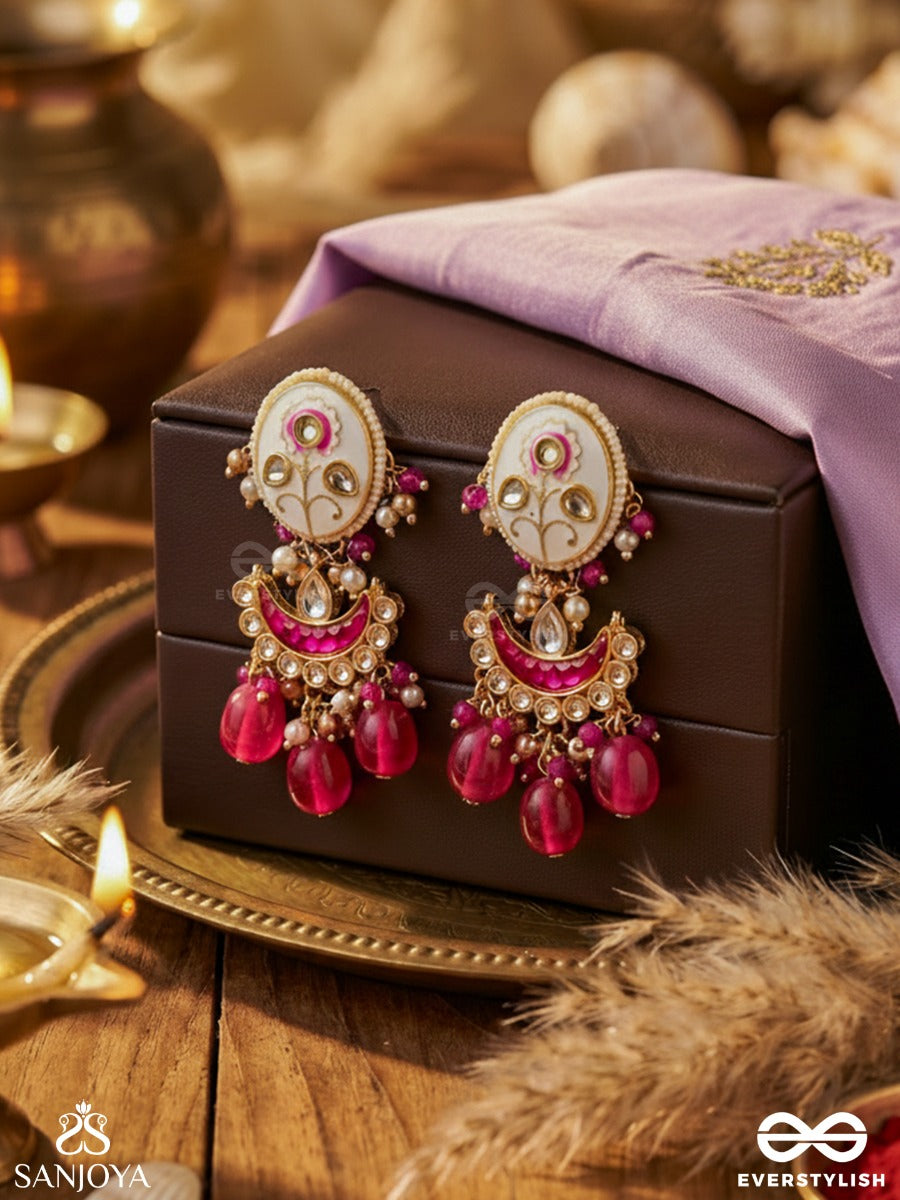 Kamalangi - Lotus-Bodied- Floral Enamel Centre Design Earrings With Triple Chain Layers And Ruby Beads And Pearls