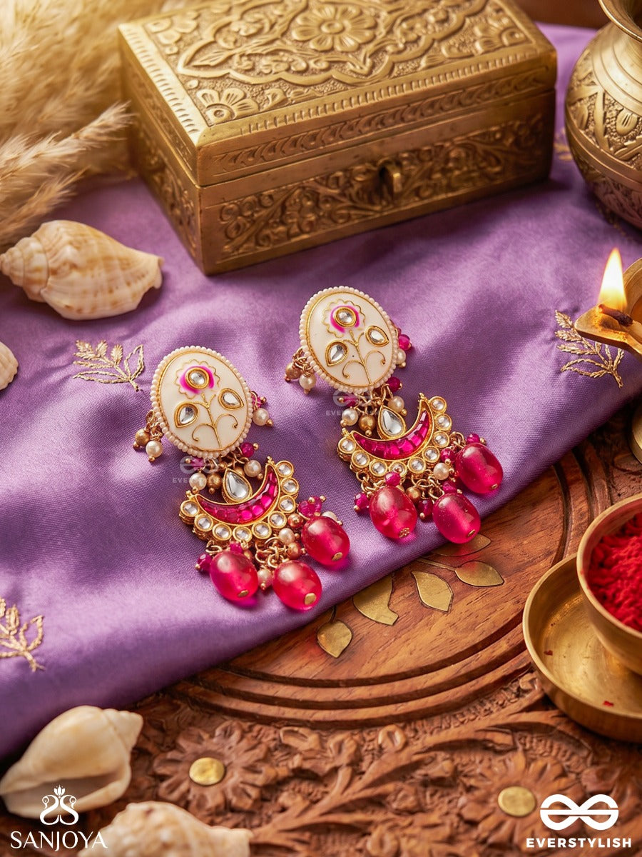 Kamalangi - Lotus-Bodied- Floral Enamel Centre Design Earrings With Triple Chain Layers And Ruby Beads And Pearls