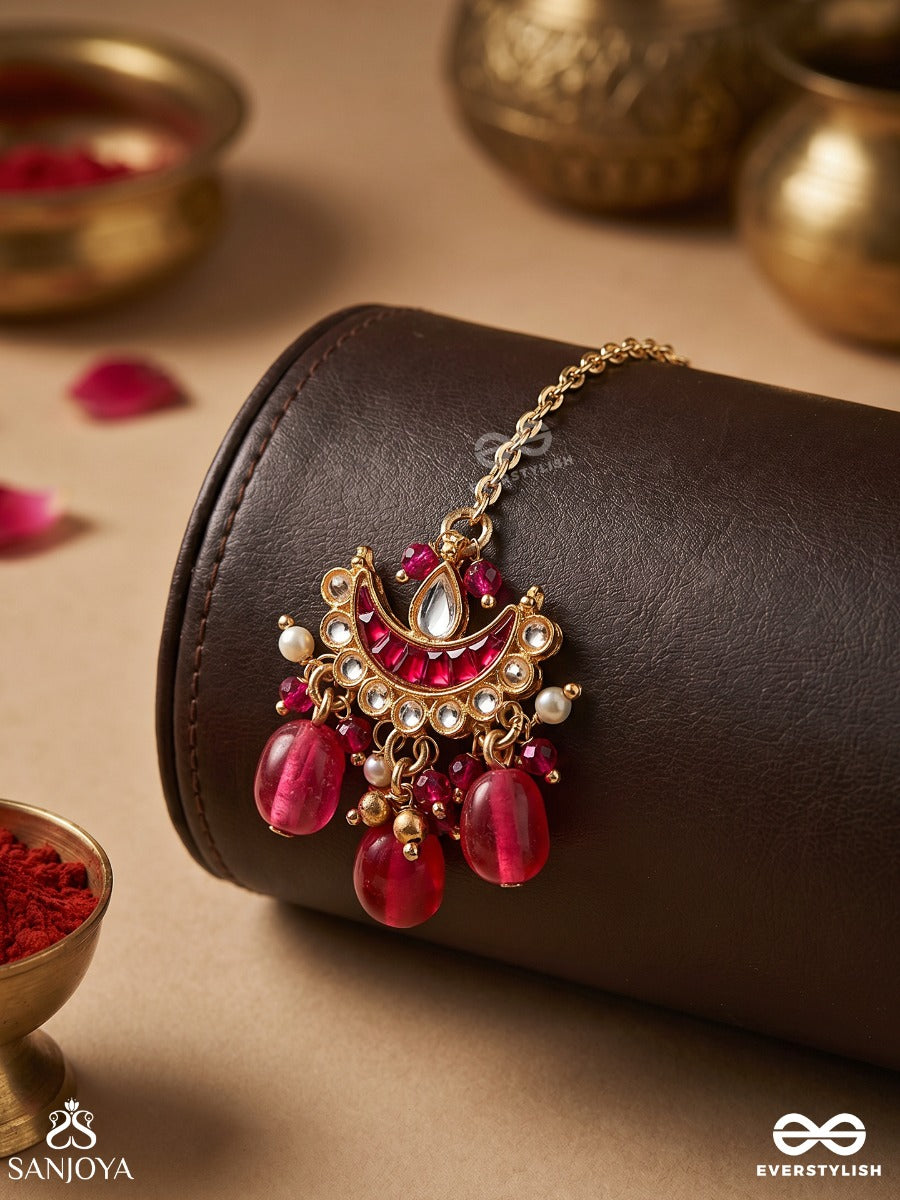 Kamalangi - Lotus-Bodied- Floral Enamel Centre Design Maangtika With Triple Chain Layers And Ruby Baeds And Pearls