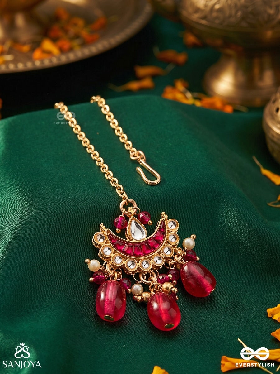Kamalangi - Lotus-Bodied- Floral Enamel Centre Design Maangtika With Triple Chain Layers And Ruby Baeds And Pearls
