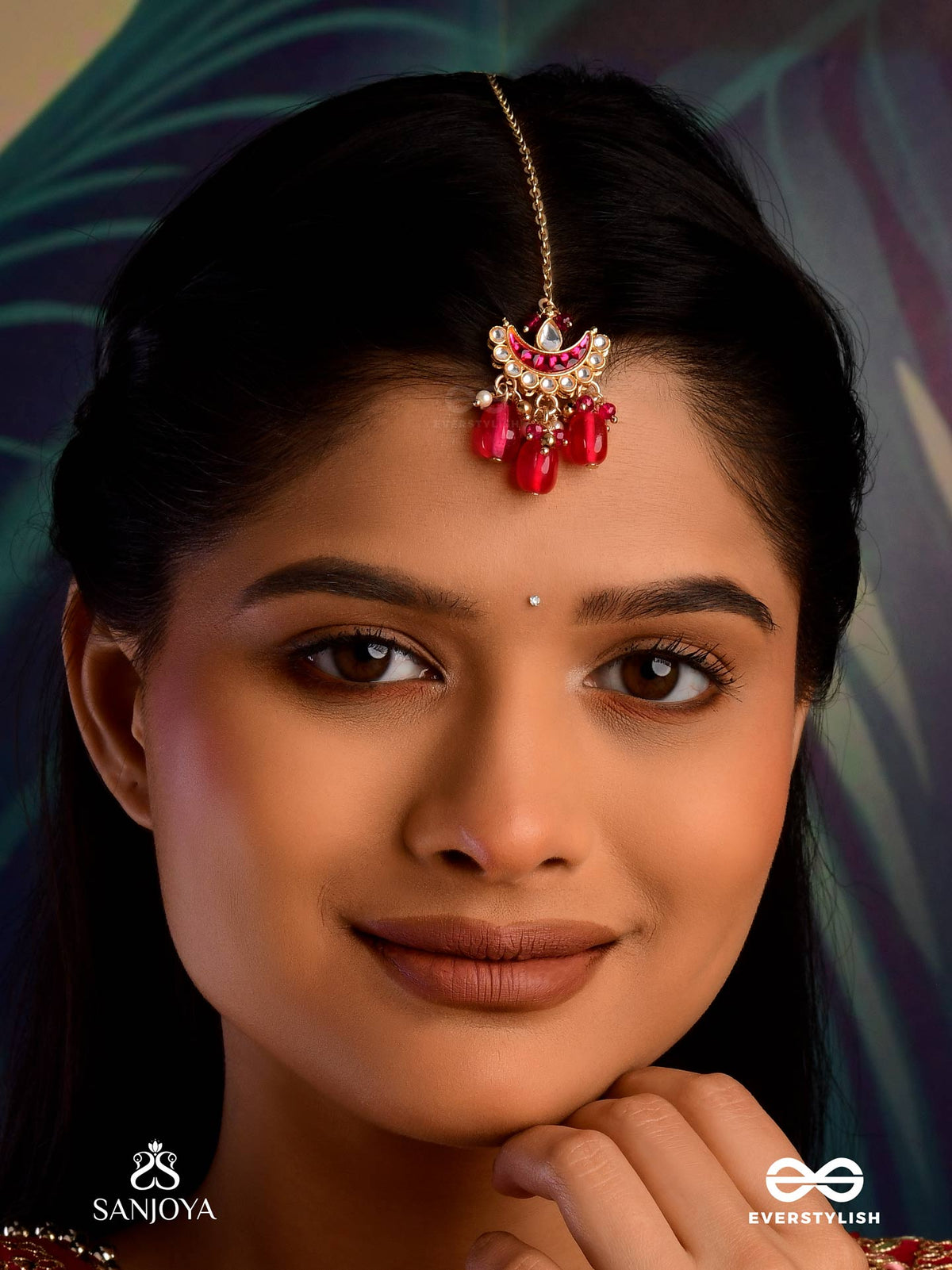 Kamalangi - Lotus-Bodied- Floral Enamel Centre Design Maangtika With Triple Chain Layers And Ruby Baeds And Pearls